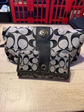 Coach Signature Black and Grey Hobo Bag and Matching Wallet Set